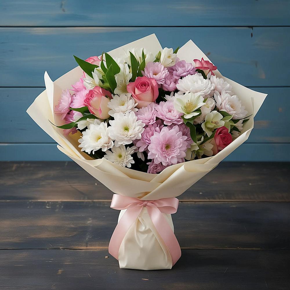 Букет цветов из: Хризантемы, Альстромерии и Розы в Искателей